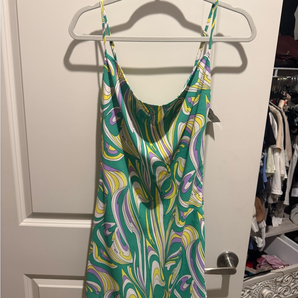Pretty Garb - Retro Swirl Slip Dress in Green, Yellow & Lavender
